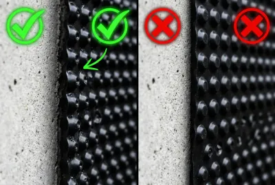 Indicateur visuel du sens correct des alvéoles d'une nappe PEHD contre une fondation.