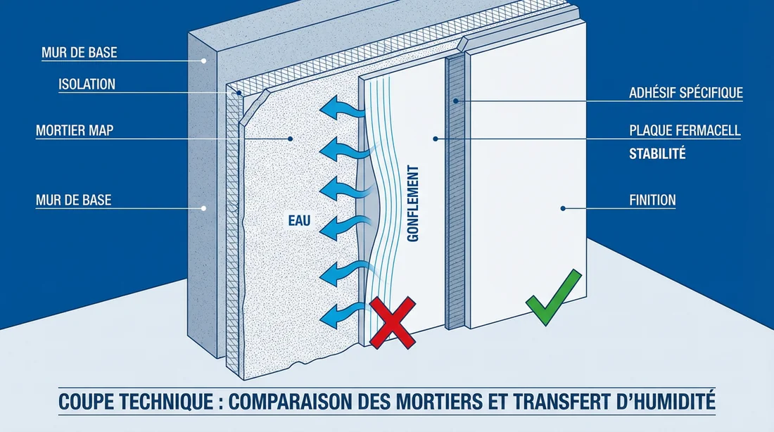Infographie montrant le transfert d'humidité entre le MAP et la plaque Fermacell