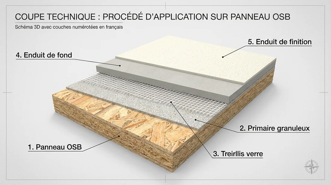 Schéma technique en coupe des 5 couches pour enduire l'OSB : primaire, treillis et enduits.