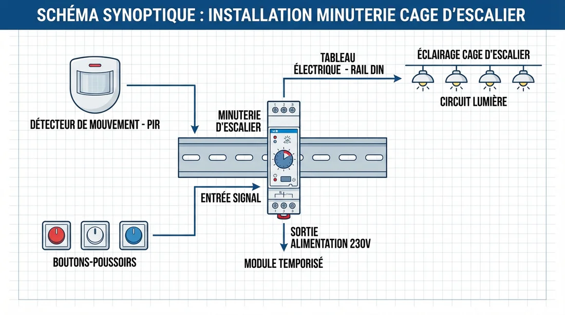 Schéma synoptique d'une installation avec minuterie, boutons poussoirs et détecteur.