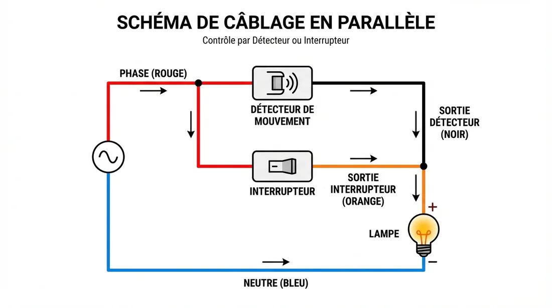 Schéma technique du montage en parallèle pour marche forcée avec détecteur et interrupteur.