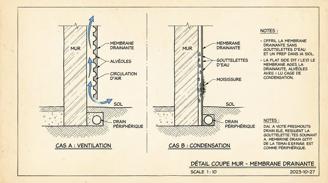 Schéma technique montrant la circulation d'air vs l'humidité piégée selon le sens de pose du Delta MS.