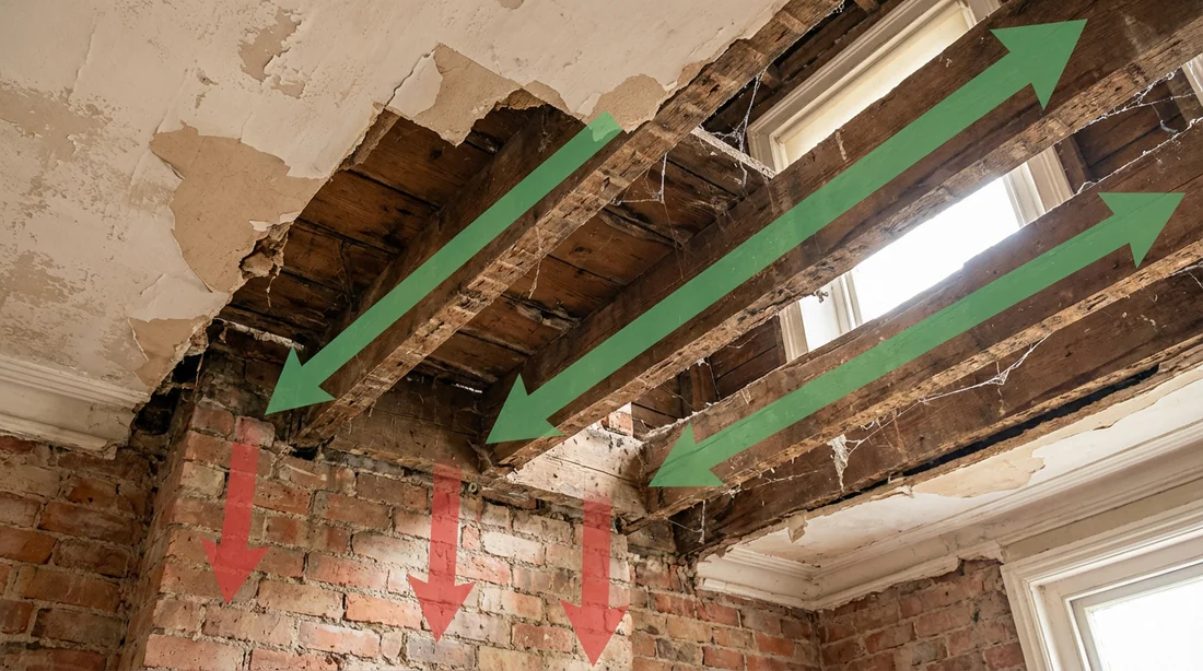 Photo d'un plafond montrant le sens des solives par rapport au mur en brique rouge.