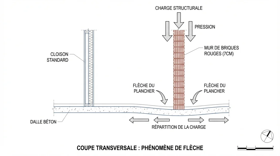 Schéma technique en coupe comparant mur porteur et cloison de 7cm avec effet d'affaissement.