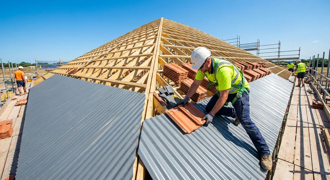 Artiste couvreur posant des tuiles sur plaques PST.