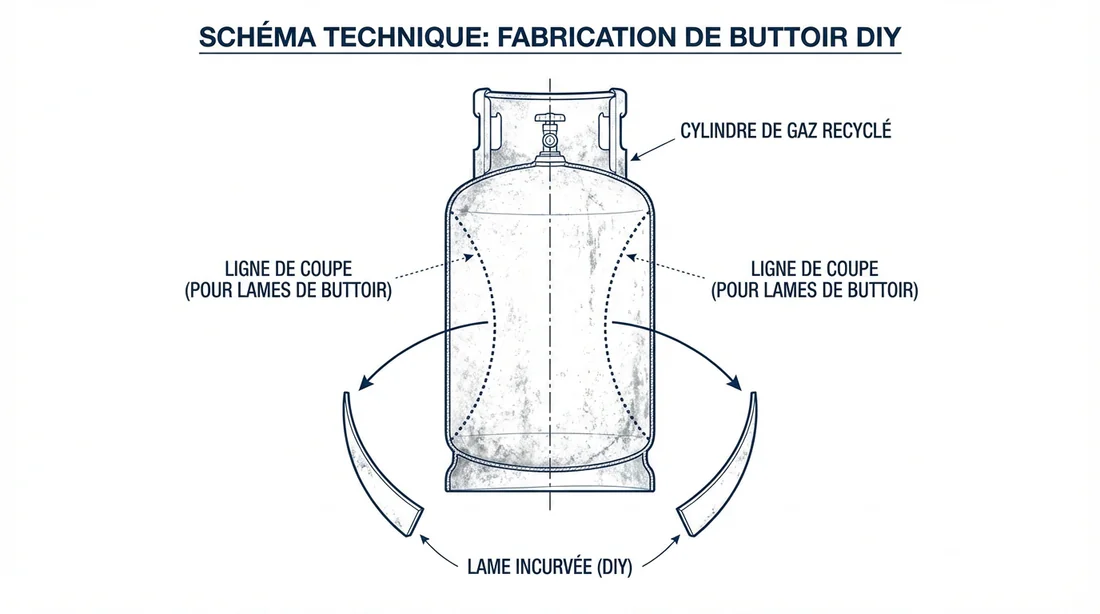 Schéma de découpe d'une bouteille de gaz pour fabriquer un butoir