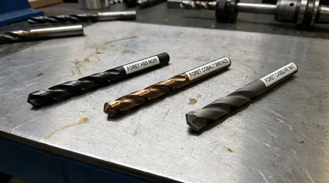Planche comparative de forets : HSS noir, Cobalt bronze et Carbure gris