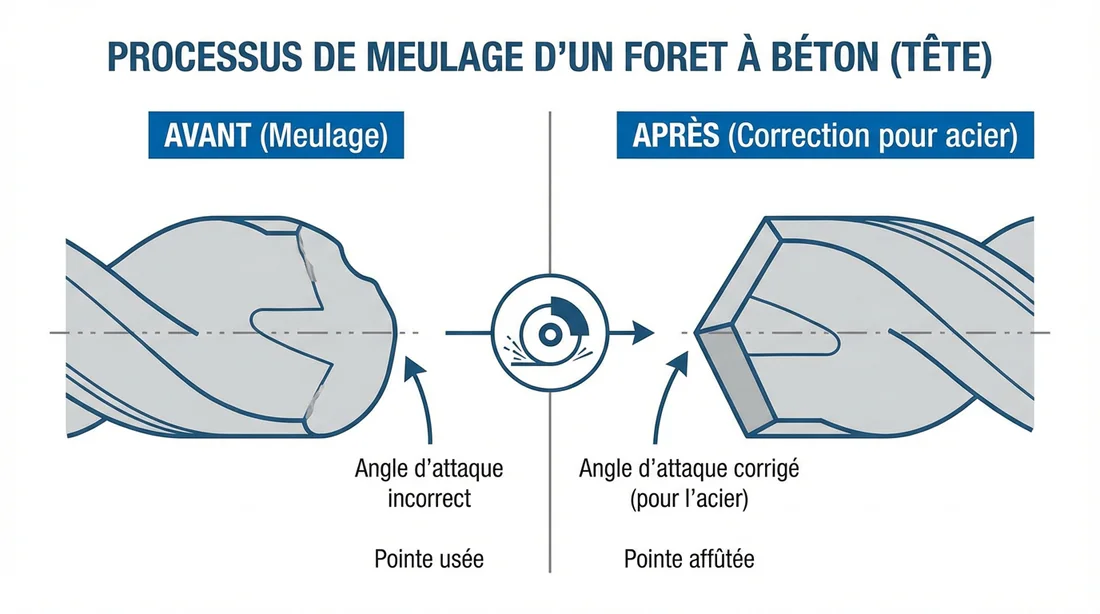 Schéma technique expliquant le meulage de la tête d'un foret béton pour l'acier