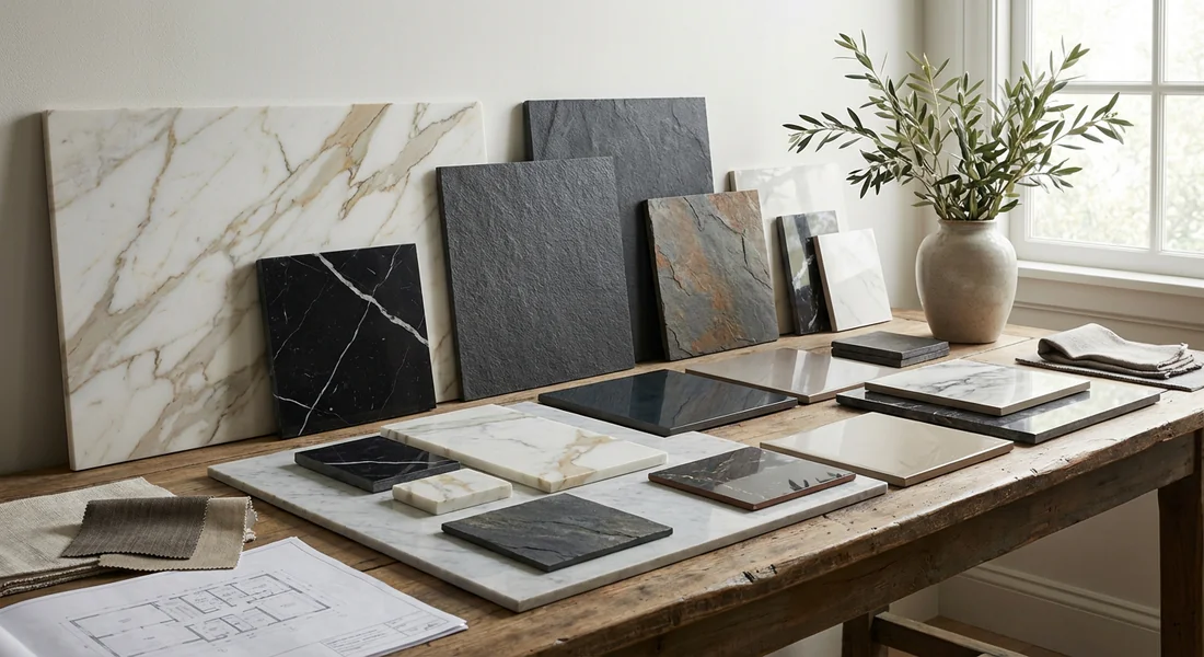 Échantillons de différents types de carrelage : marbre, ardoise et grès cérame.