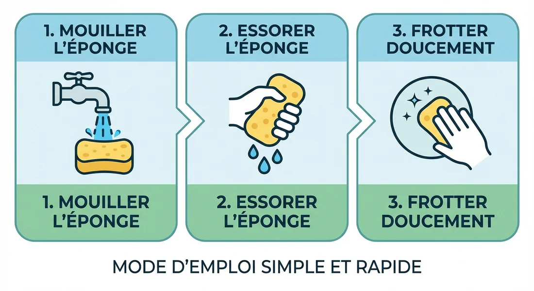 Infographie montrant les étapes pour bien utiliser une éponge magique.