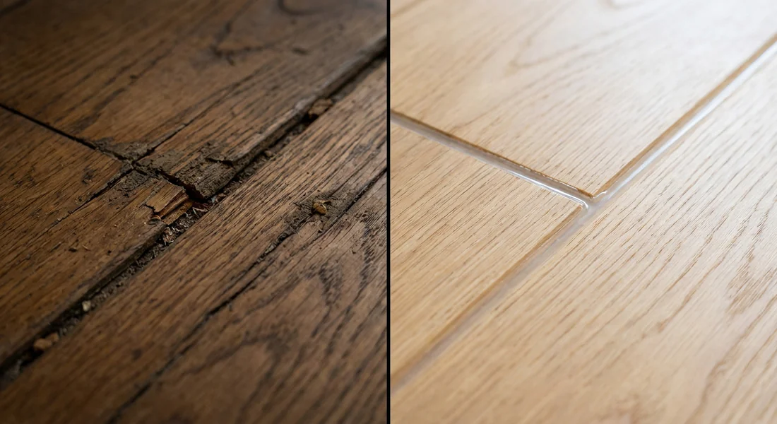 Comparaison entre un ancien joint dégradé et un nouveau joint acrylique.