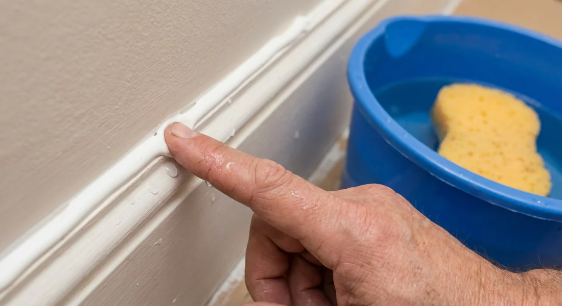 Lissage du joint acrylique au doigt pour une finition lisse.