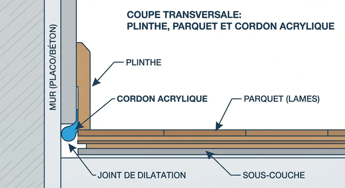 Schéma technique de l'application du joint entre la plinthe et le sol.