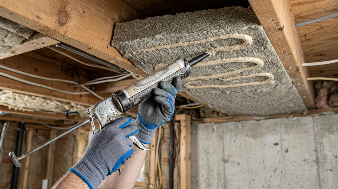 Application de colle sur un panneau isolant avant fixation sous l'escalier.