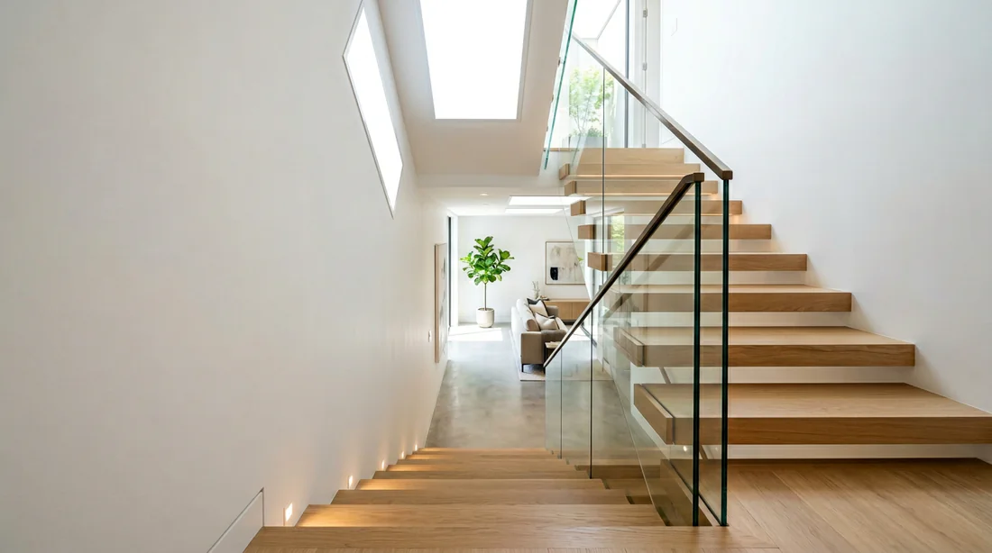 Artisan prenant des mesures sous un escalier de sous-sol avant la pose de l'isolant.