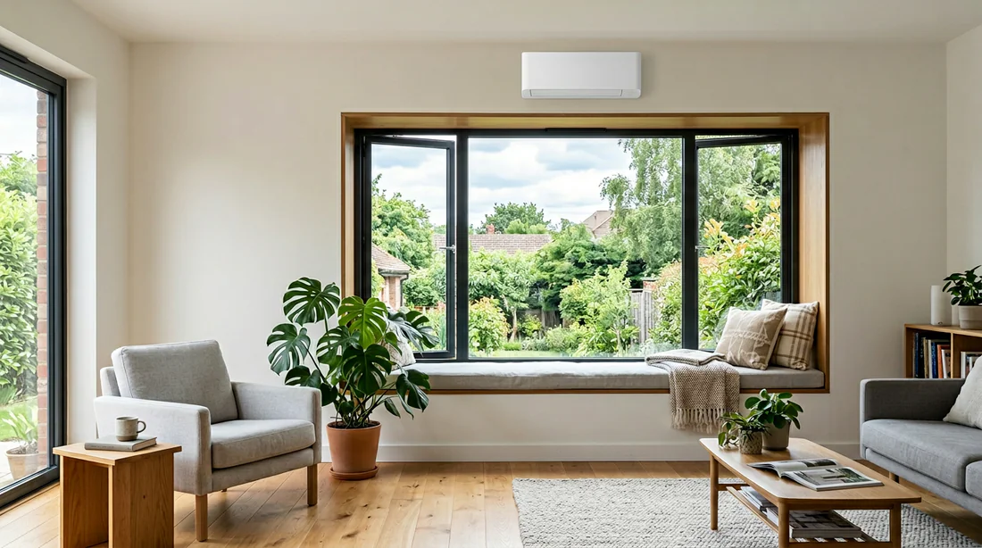 Vue d'ensemble d'une entrée d'air Aldes EHB installée dans un salon.