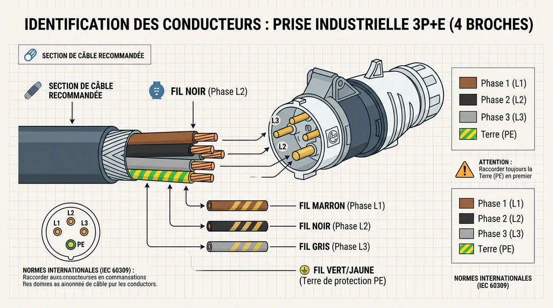 Installation des fils dans les bornes d'une prise P17