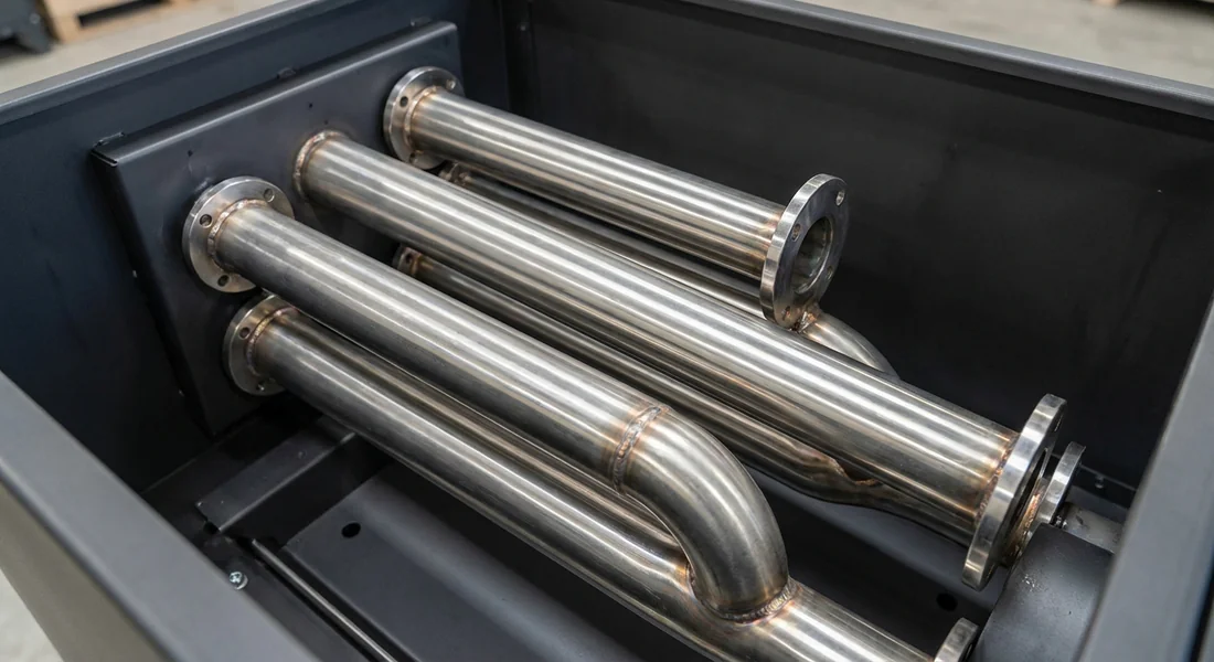 Vue de l'échangeur thermique propre d'un poêle à granulés.