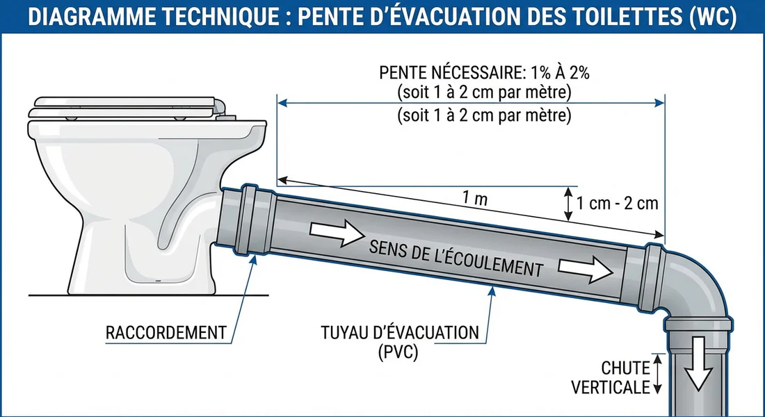 Schéma technique de la pente d'évacuation pour WC