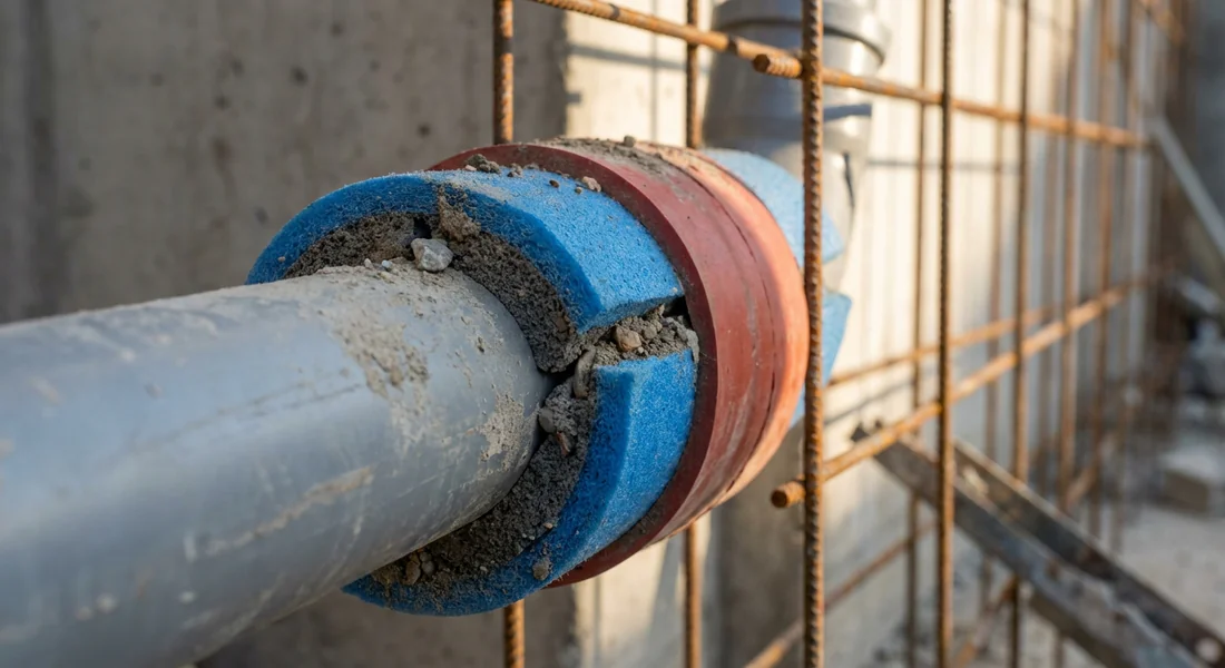 Détail de la protection d'un tuyau PVC avec gaine et feutre dans une dalle.