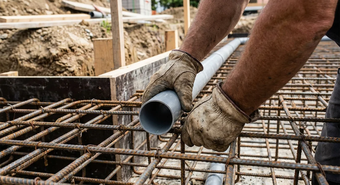 Pose des tuyaux d'évacuation dans le treillis métallique avant bétonnage.
