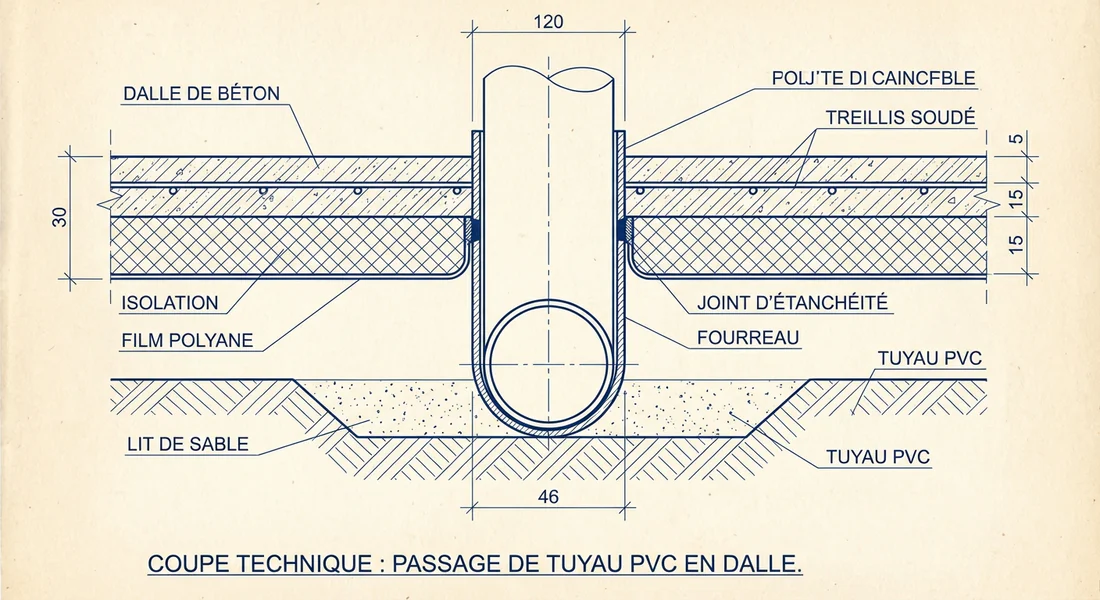 Schéma technique en coupe du passage d'un tuyau PVC dans une dalle béton.