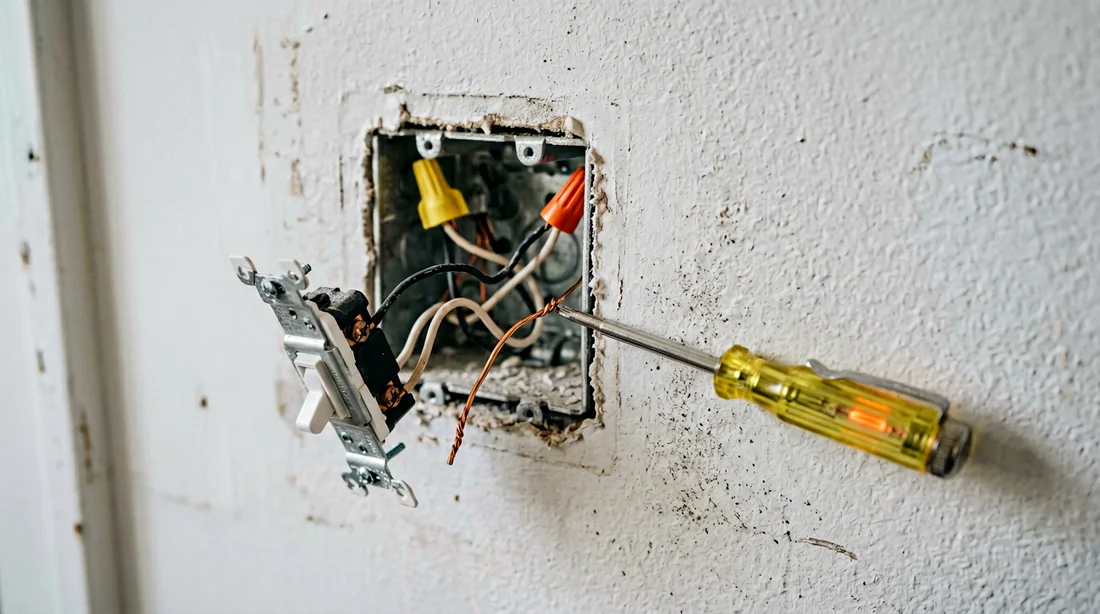 Main coupant le courant au tableau électrique pour travailler en sécurité.