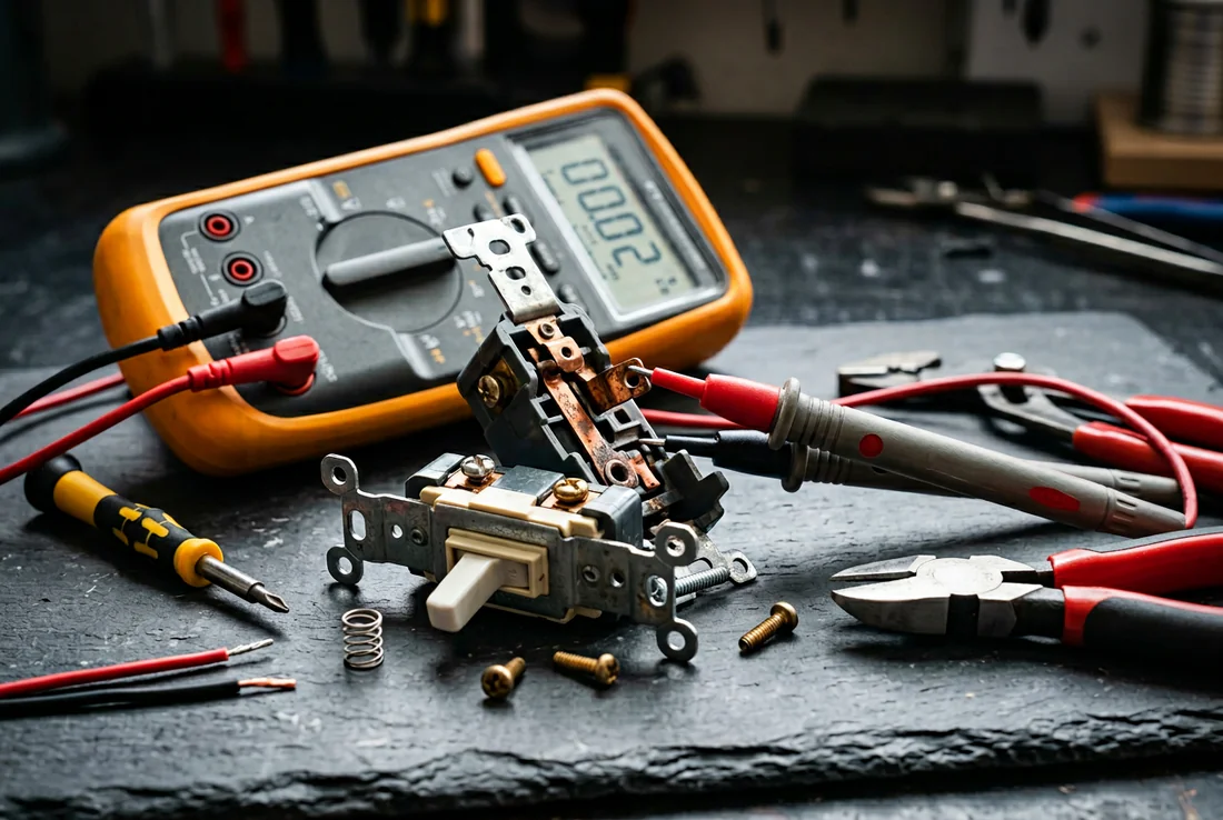 Panoplie d'outils d'électricien pour tester un interrupteur.