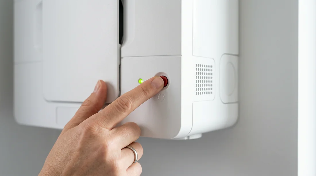 Détail d'un indicateur LED rouge sur le panneau de contrôle d'une ventilation.