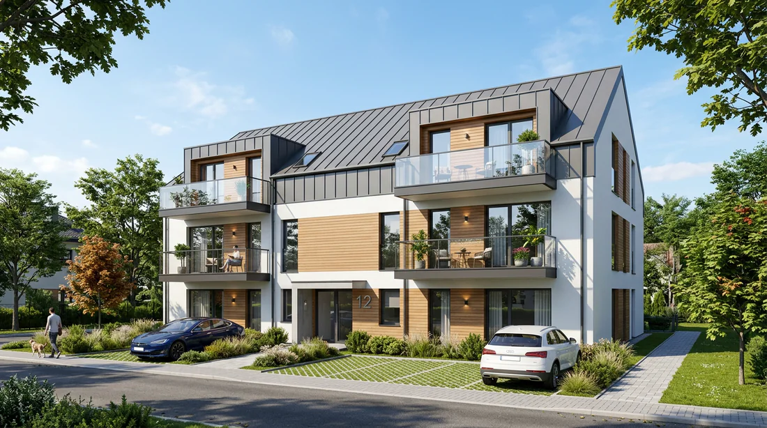 Plans d'architecte et calculatrice sur un bureau pour projet immobilier.