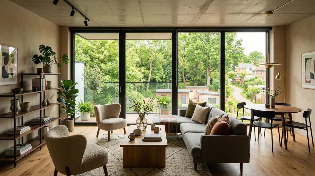 Vue aérienne d'un chantier de construction pour un petit immeuble résidentiel.