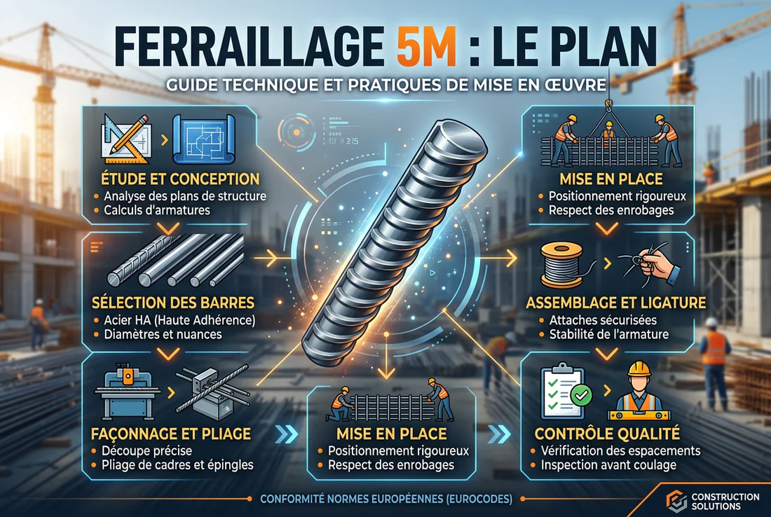 Schéma technique détaillé du ferraillage d'une poutre de 5m.
