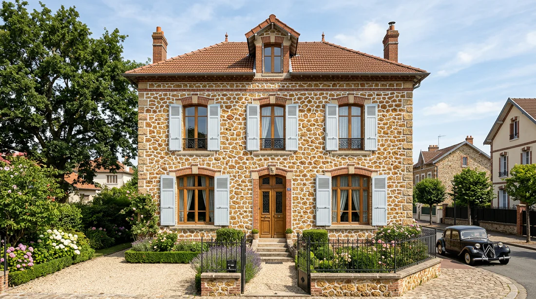 Entrée d'une propriété en meulière avec jardin