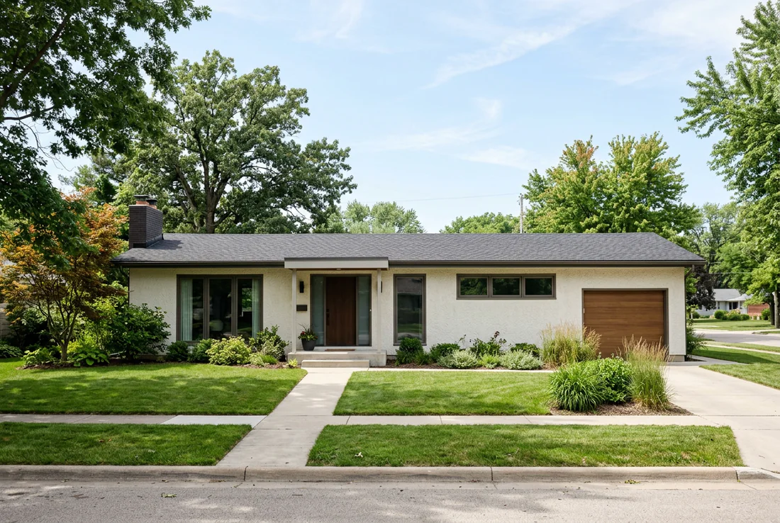 Intérieur rénové d'une maison de plain-pied des années 70 avec grandes baies vitrées.