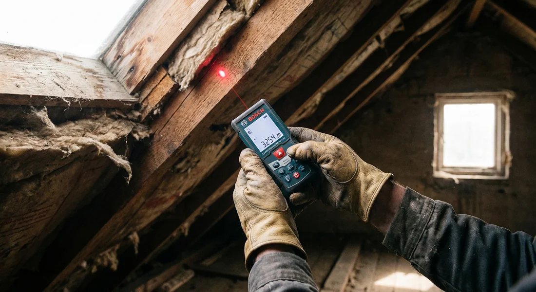 Mesure laser de la hauteur sous plafond d'un comble.