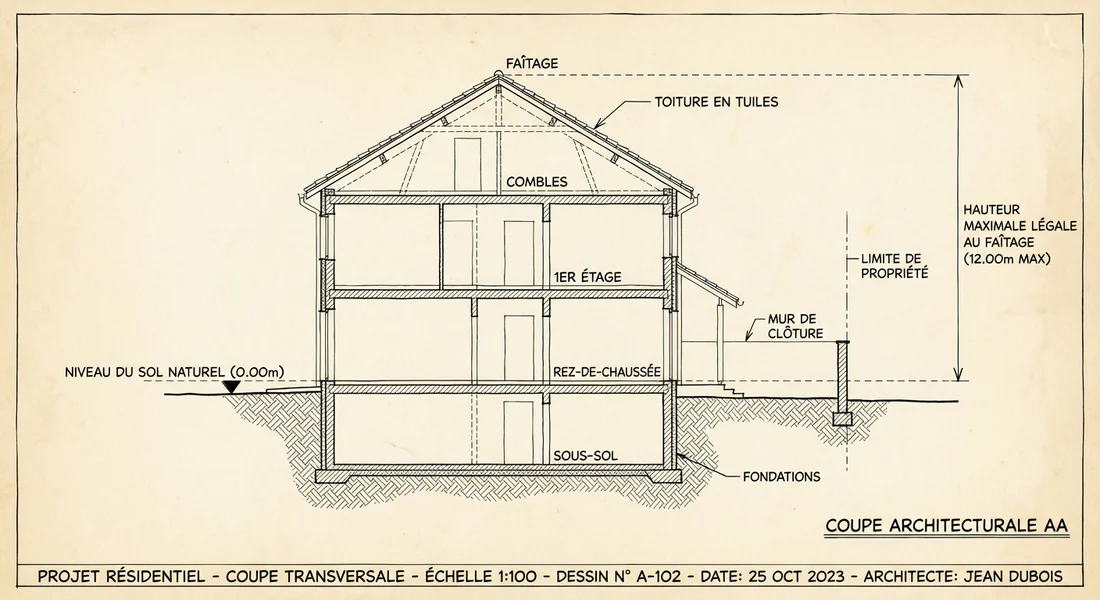 Schéma technique des mesures de hauteur de toiture selon le PLU.