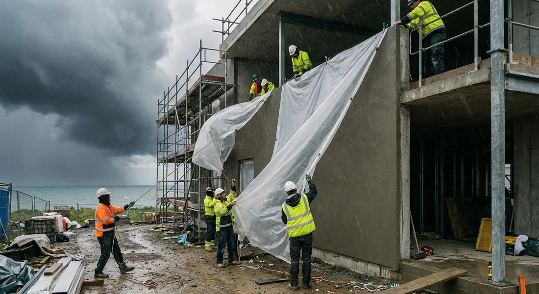 Protection d'une façade avec des bâches contre les intempéries