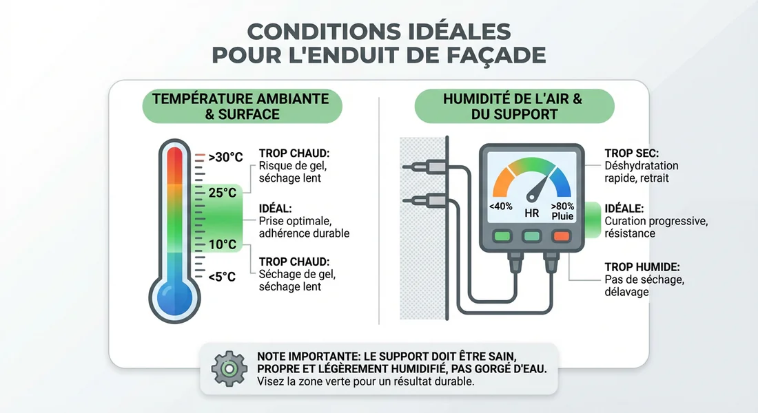 Schéma des conditions idéales de température pour la pose du crépi